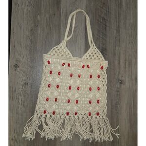 Vintage Macrame Fringe Tote‎ Bag Red Beaded Boho Hippie Festival Purse